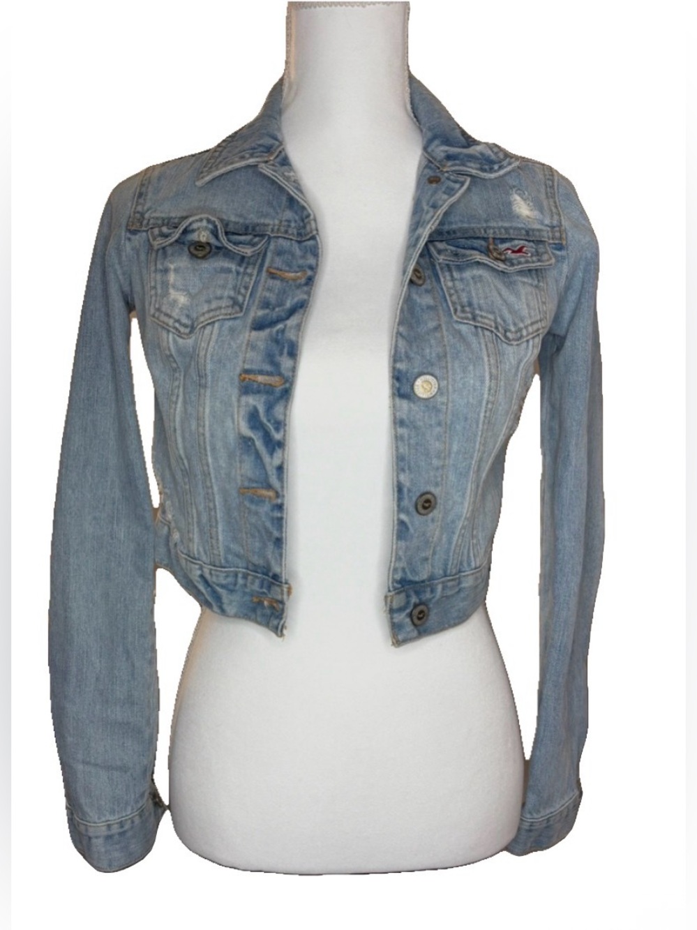 Hollister XS Cropped Distressed Denim Jacket Light Wash Y2K 100% Cotton - Picture 2 of 8